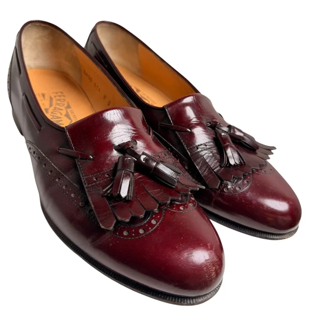 Vintage Ferragamo Kiltie Tassel Loafers Burgundy 8D